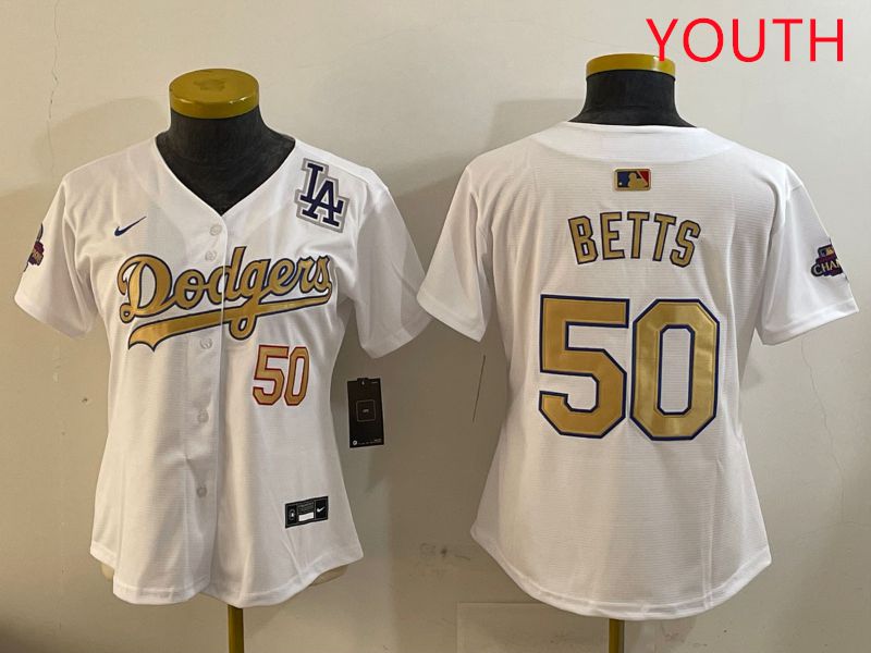 Youth Los Angeles Dodgers 50 Betts White Champion gold character 2025 Nike MLB Jersey style 4094